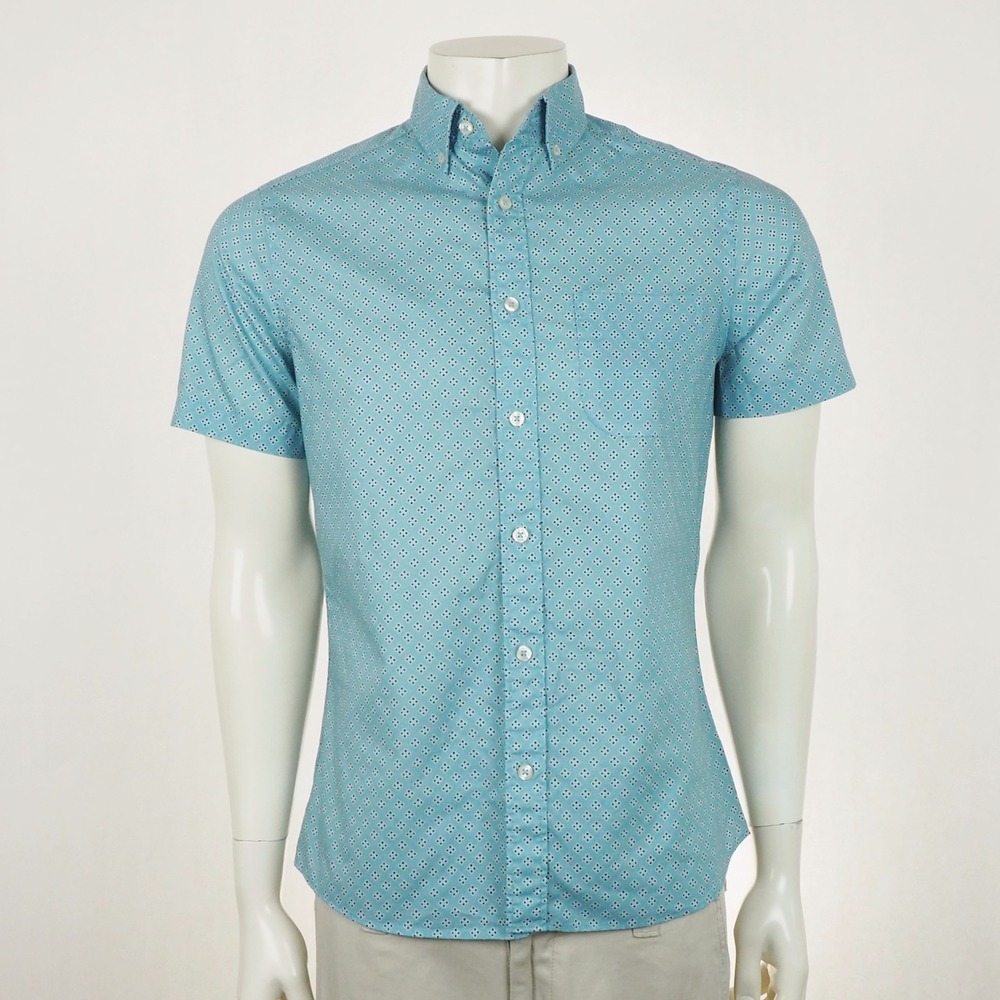 New Charles Tyrwhitt Button Down Shirt Mens Small Aqua Blue Geometric Slim Fit